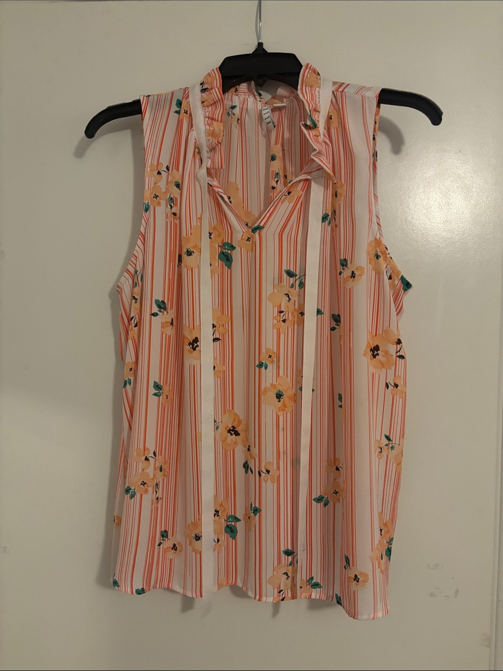 Elle Peach Floral Stripe Ruffle Tie V-Neck Blouse